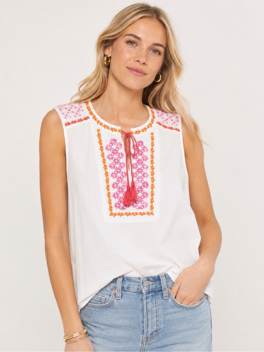 J. Crew Factory Embroidered Sleeveless Tassel Tie White Boho Top, Medium (10)